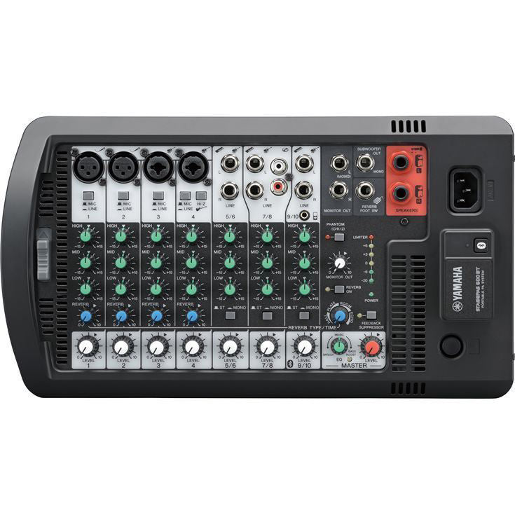 Yamaha STAGEPAS600BT portable PA system with Bluetooth, showcasing speakers and mixer in a compact setup.
