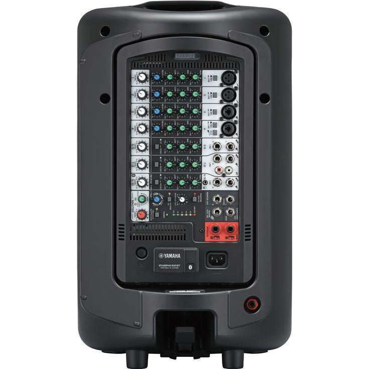 Yamaha STAGEPAS600BT portable PA system with Bluetooth, showcasing speakers and mixer in a compact design.
