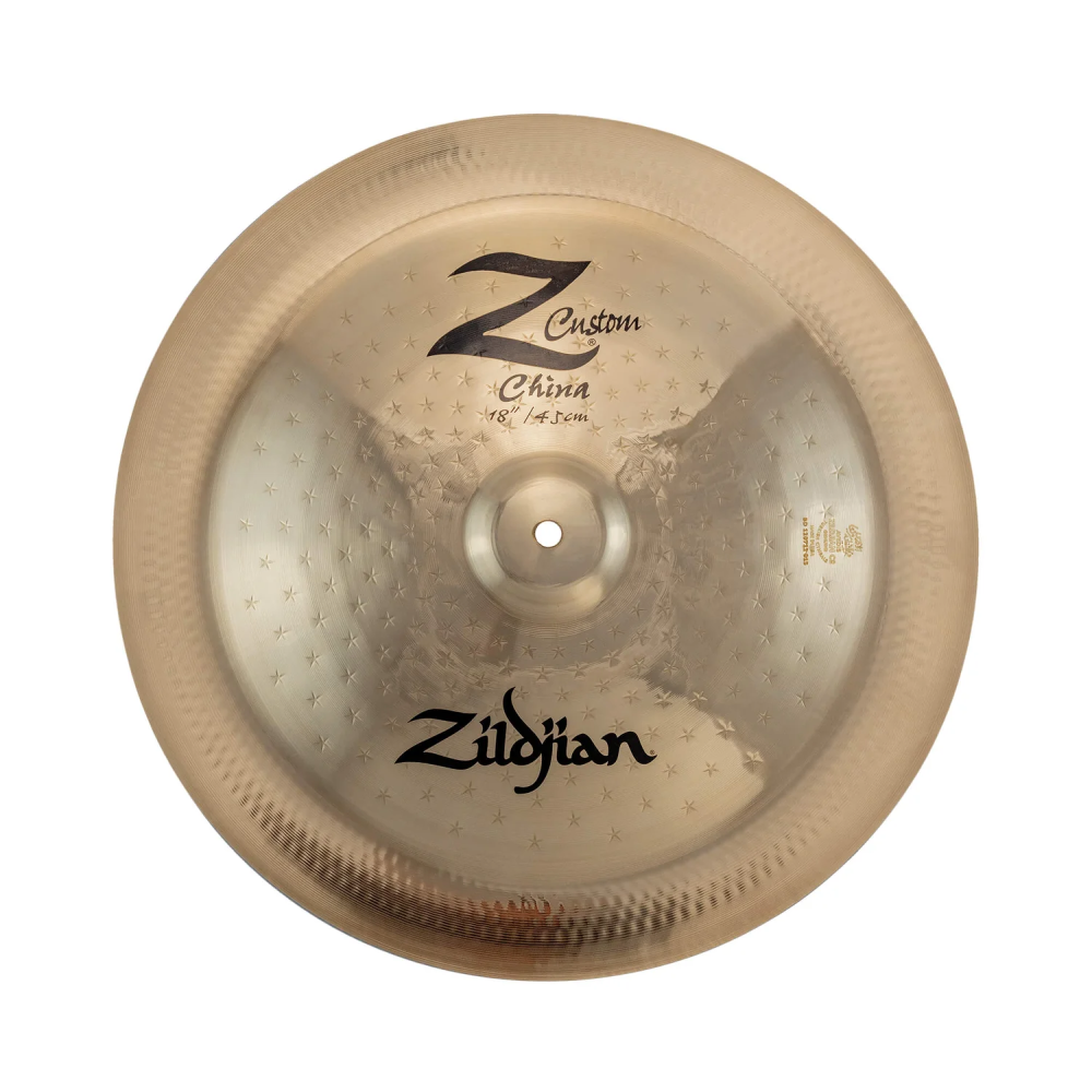 Zildjian Z Custom 18-inch China cymbal showcasing its dark finish and unique shape, designed for dynamic drumming sounds.