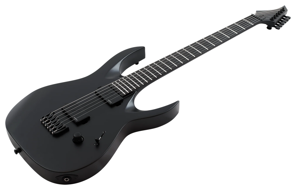 Close-up of Solar A1.6ATG Baritone MKII electric guitar body with detailed wood finish and control knobs.