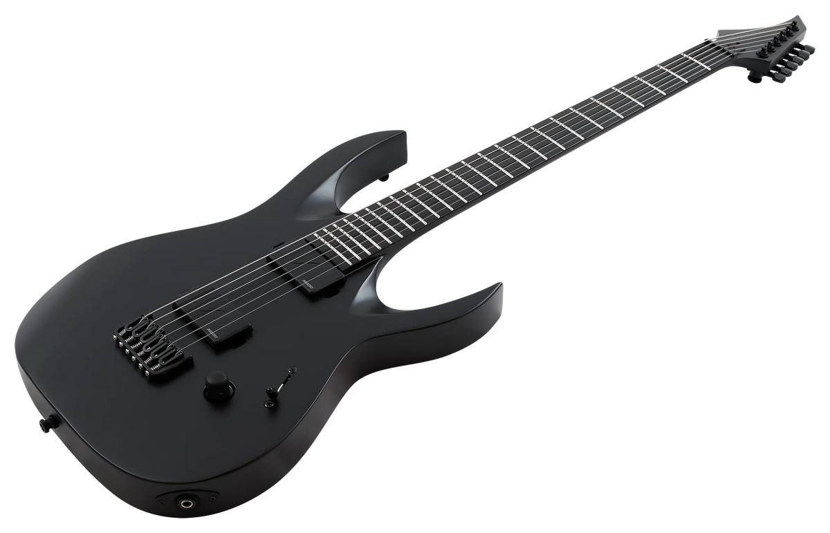 Close-up of Solar A1.6ATG Baritone MKII electric guitar body with detailed wood finish and control knobs.