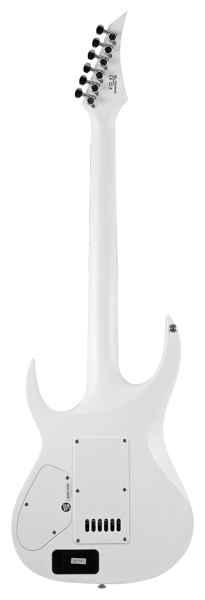 Back view of Solar A1.6 Vinter electric guitar in pearl white matte finish, showcasing its sleek design and hardware.