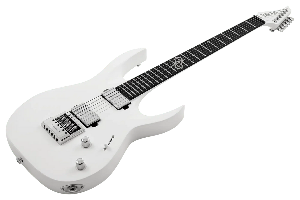 Solar A1.6 Vinter electric guitar in pearl white matte with sleek body and detailed hardware, showcasing modern design and craftsmanship.