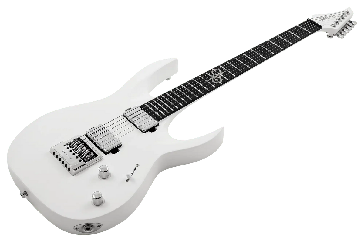 Solar A1.6 Vinter electric guitar in pearl white matte with sleek body and detailed hardware, showcasing modern design and craftsmanship.