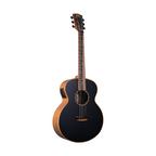 Bromo Guitar BAT8MEBK Tahoma Series mini jumbo acoustic/electric guitar in black, showing the full body and neck of the instrument.