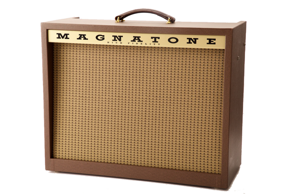 Magnatone Varsity Reverb 1x12 guitar combo amplifier in brown with control knobs and vintage design.
