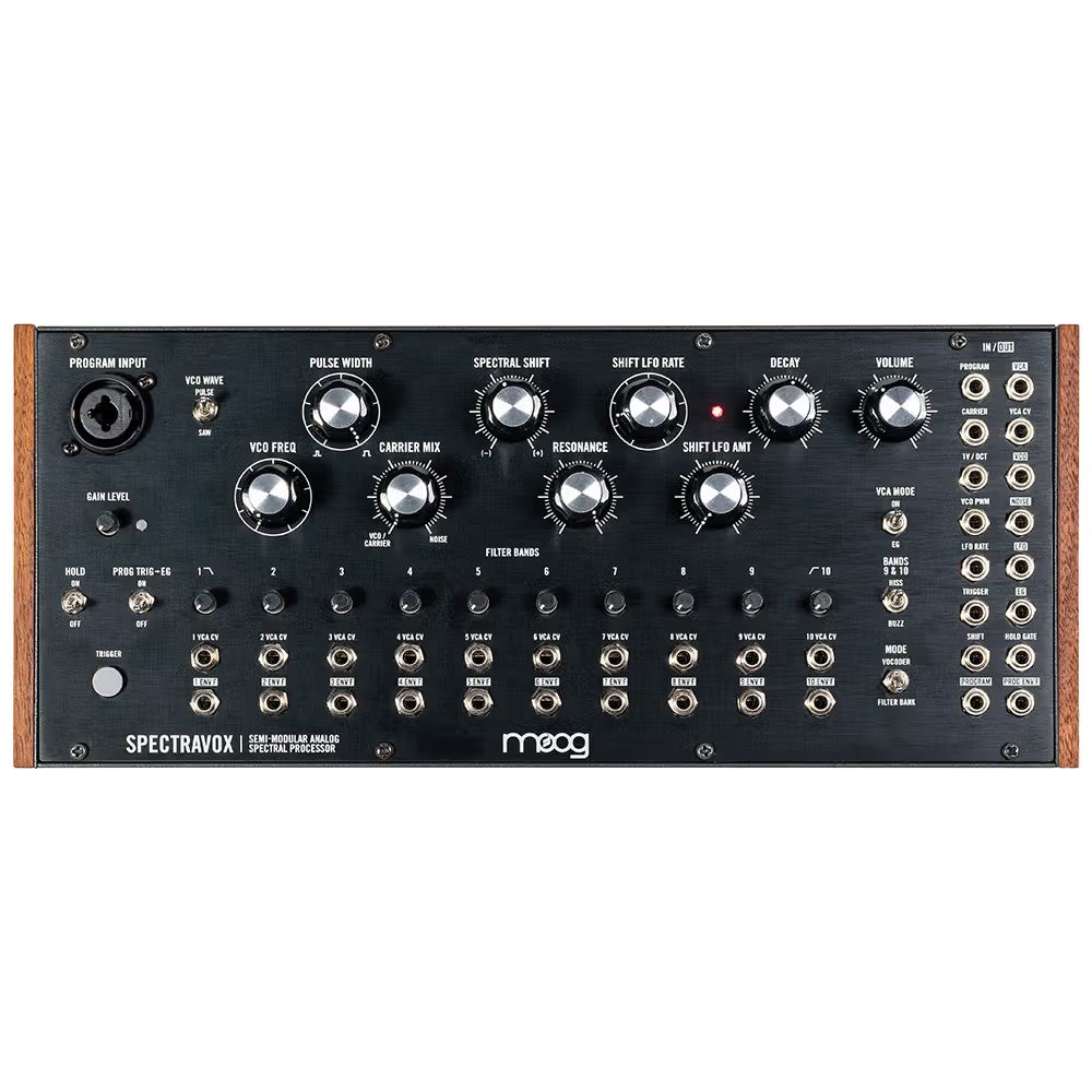Moog Spectravox semi-modular analog spectral processor synthesizer rack module with colorful interface and patching controls.