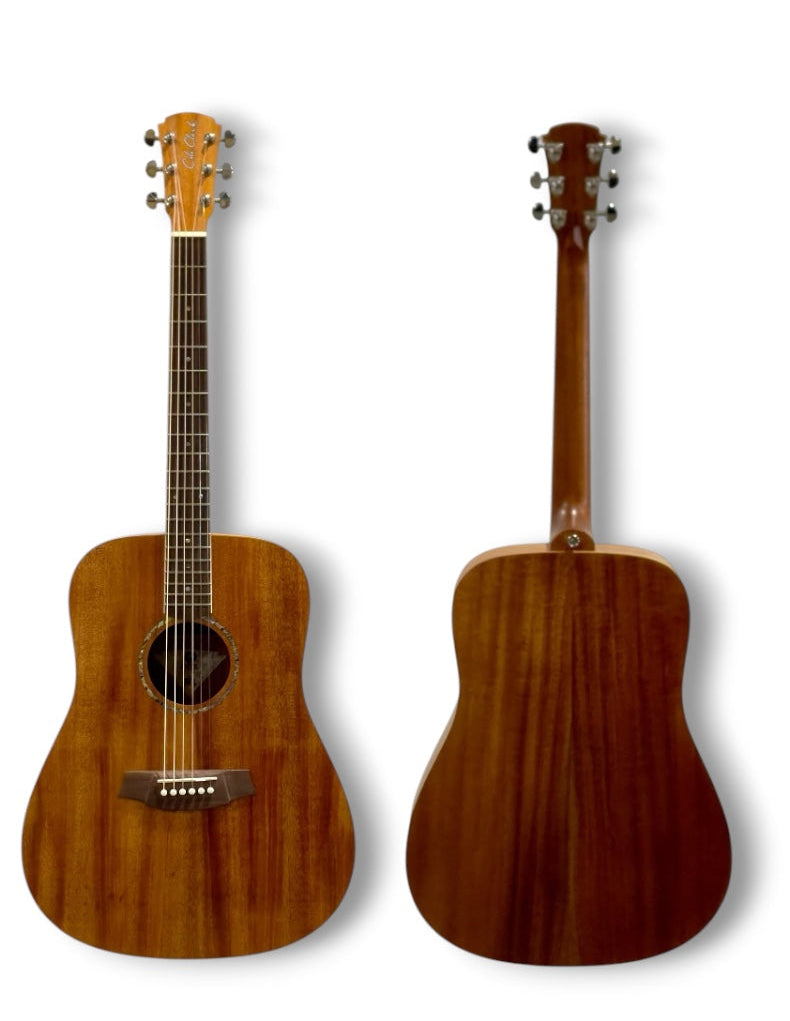 Cole Clark Studio FL1 acoustic guitar with mahogany face, back, and sides, showcasing its natural wood finish and stylish design.