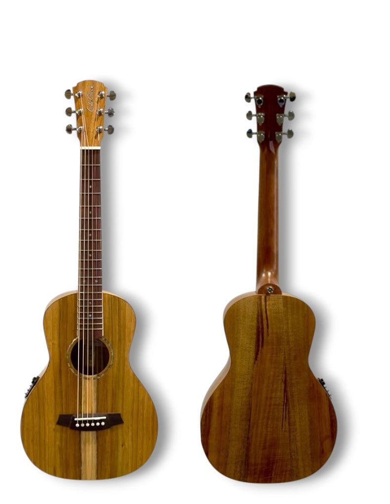 Blackwood Cole Clark Studio Parlour Mini acoustic-electric guitar with a sleek all-black finish and detailed wood grain.