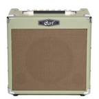 Cort CM15R PG 15W guitar combo amplifier in pastel green with control knobs and input jack, designed for electric guitar playing.
