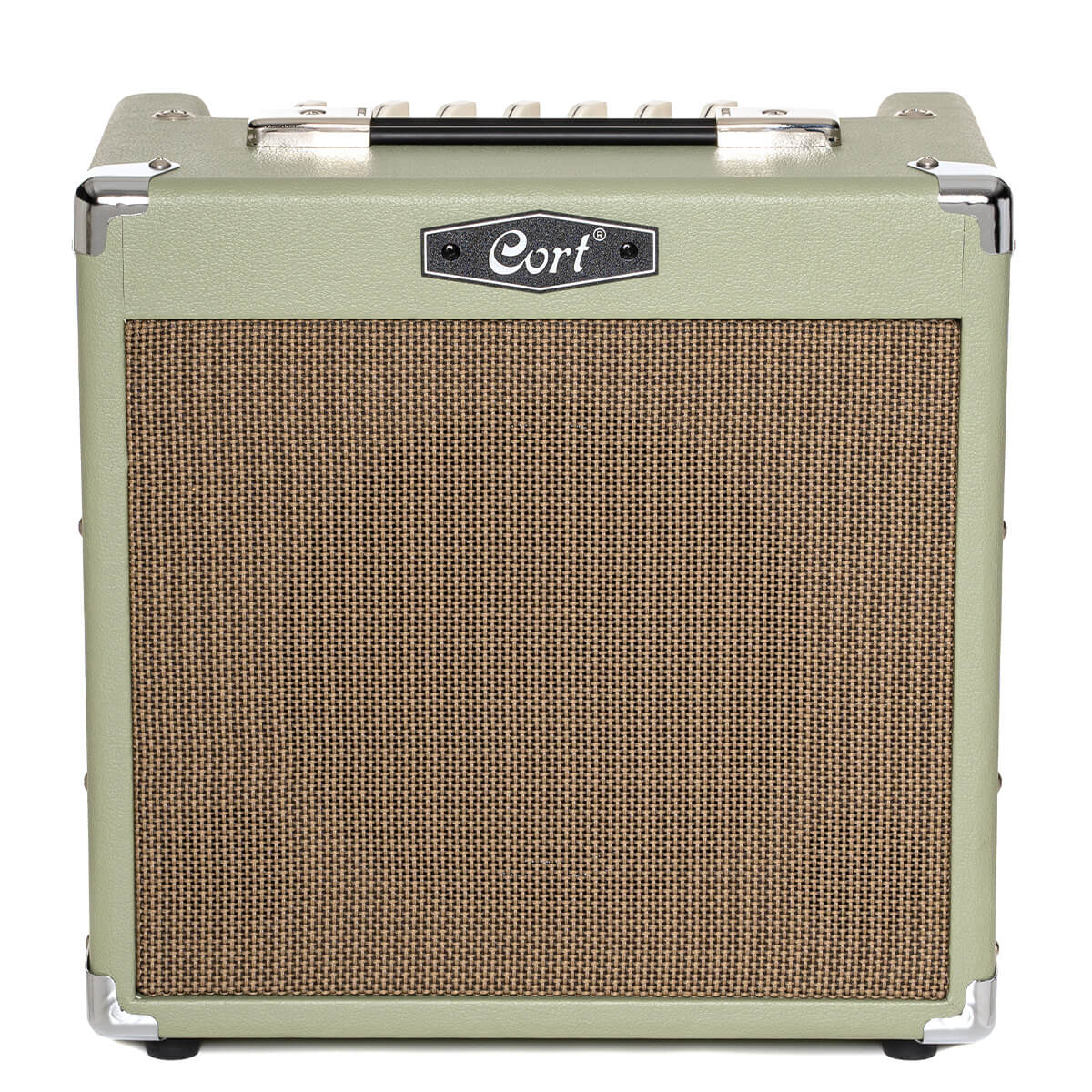 Cort CM15R PG 15W guitar combo amplifier in pastel green with control knobs and input jack, designed for electric guitar playing.
