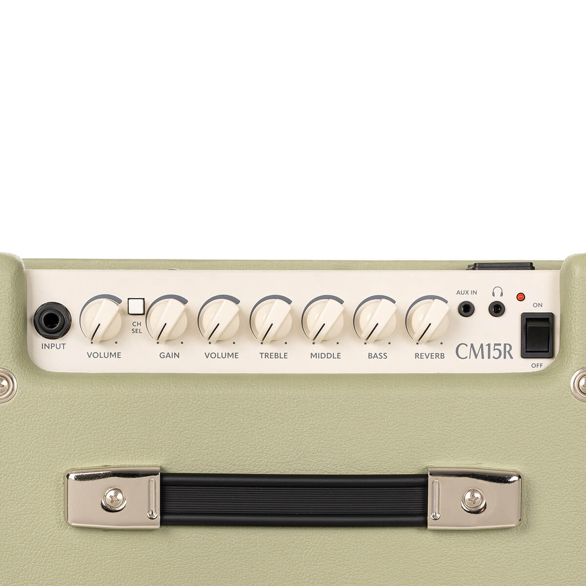 Cort CM15R PG 15W guitar combo amplifier in pastel green with control knobs and speaker grille, designed for electric guitar sound.
