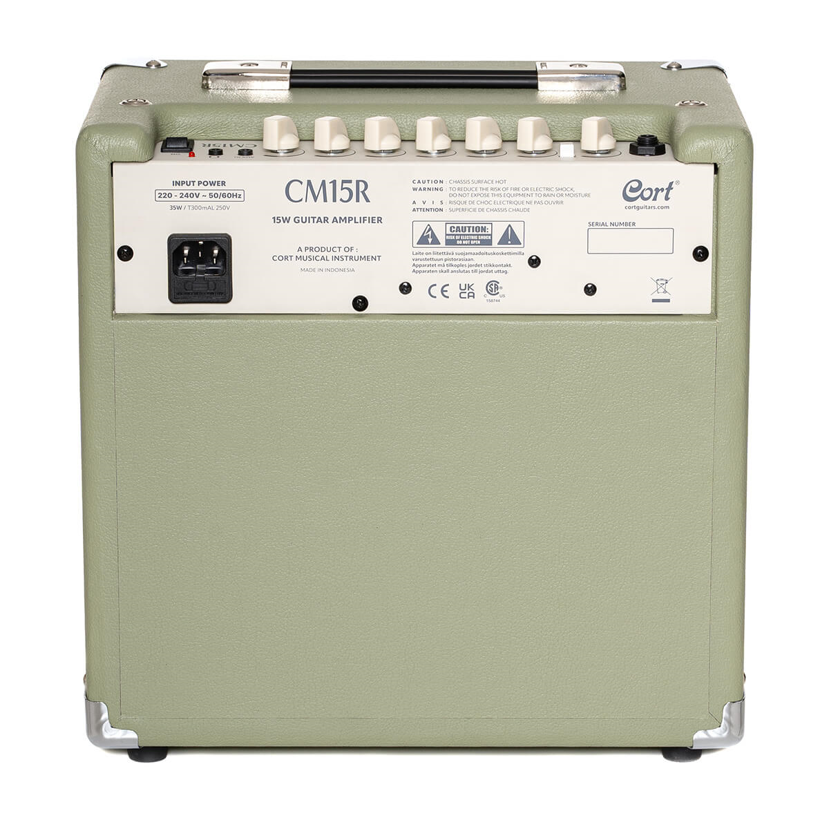 Cort CM15R PG 15W guitar combo amplifier in pastel green, featuring a compact design and control knobs for electric guitar.