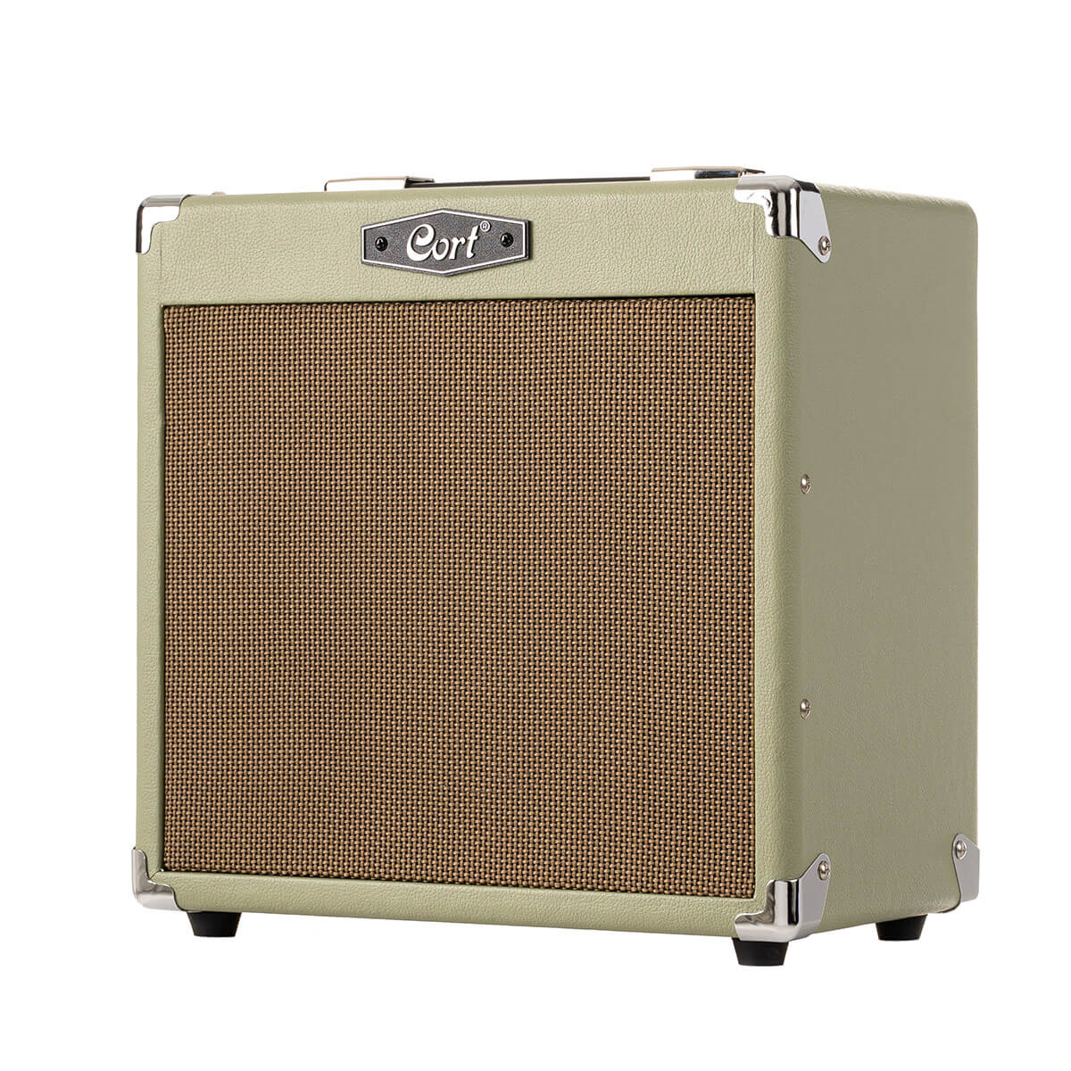 Cort CM15R PG 15W guitar combo amplifier in pastel green with control knobs and input jack, ideal for practice or small gigs.