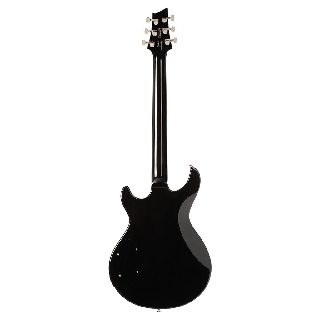 Cort Mirage M600 electric guitar in trans purple burst finish, viewed from the back showing the body and neck details.