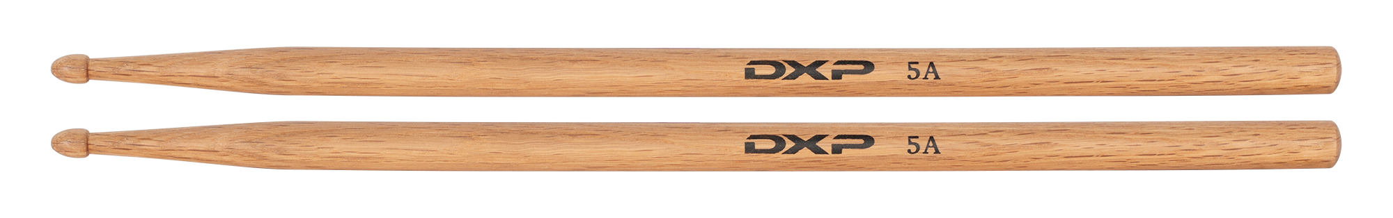 DXP Oak 5A drum sticks shown, featuring a natural wood finish and tapered tips, ideal for drumming and percussion.