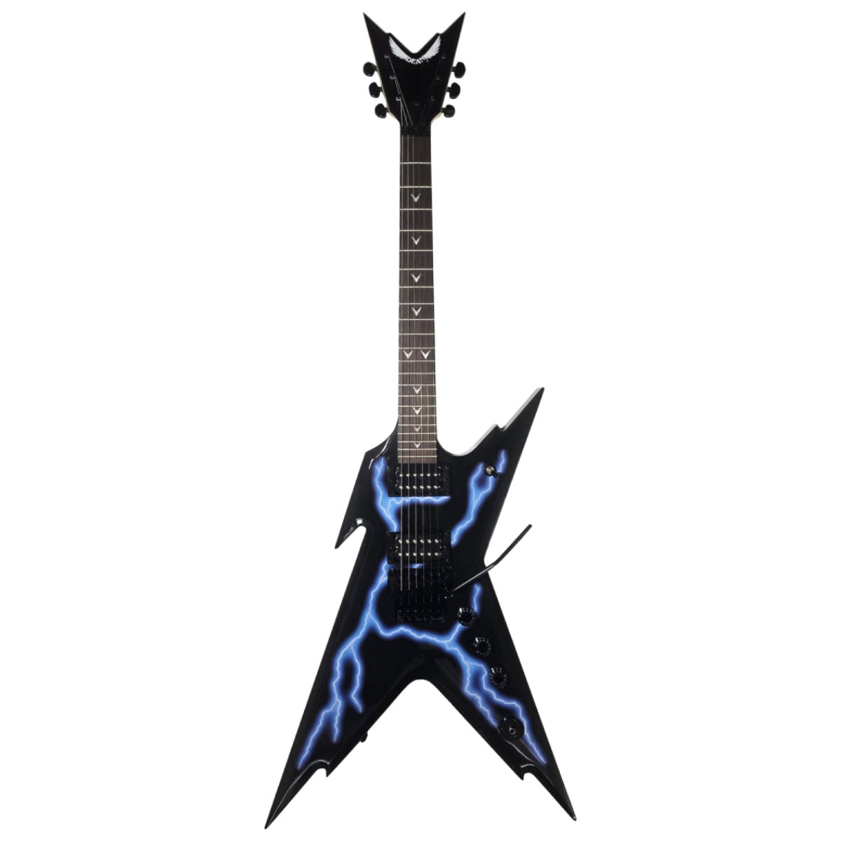 Dean Razorback X Floyd electric guitar in black with blue lightning bolt graphics, showcasing the sleek body and striking design.