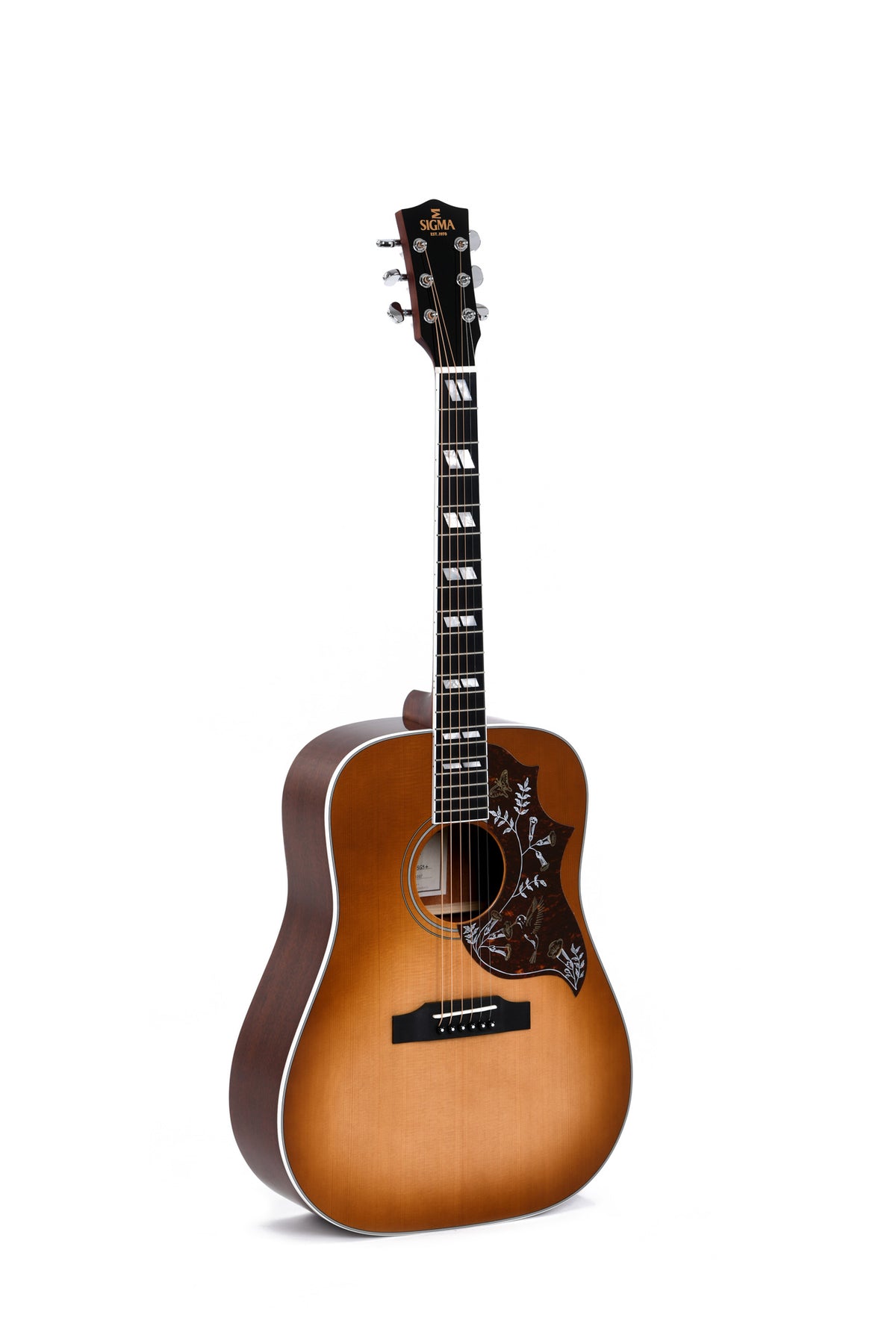 Sigma DM-SG5 Hummingbird Dreadnought Acoustic Guitar with wood finish and six strings, showcasing its body and fretboard.