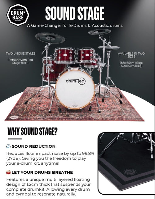 DRUMnBASE ST185 Power Stage Persian Red Rug, 185cm x 165cm, drum hardware accessory with vibrant red pattern on sound stage.