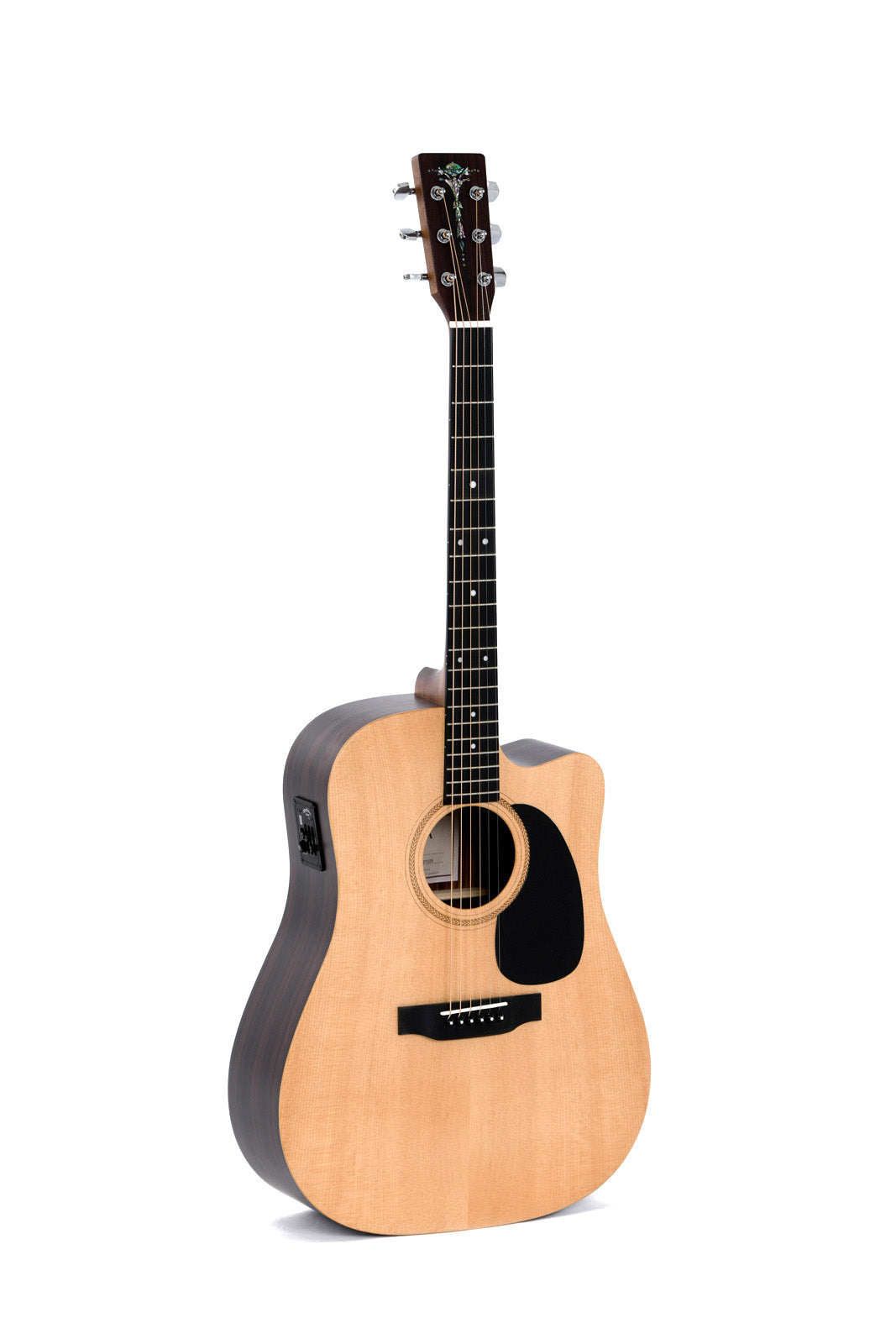 Sigma Dreadnaught Acoustic Electric Guitar with a natural finish, showing the body, soundhole, and fretboard.