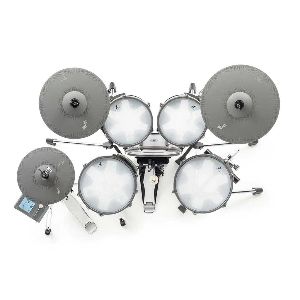 Efnote 3A electronic drum kit with multiple drum pads, cymbals, and a control module, set up on a stand with drumsticks.
