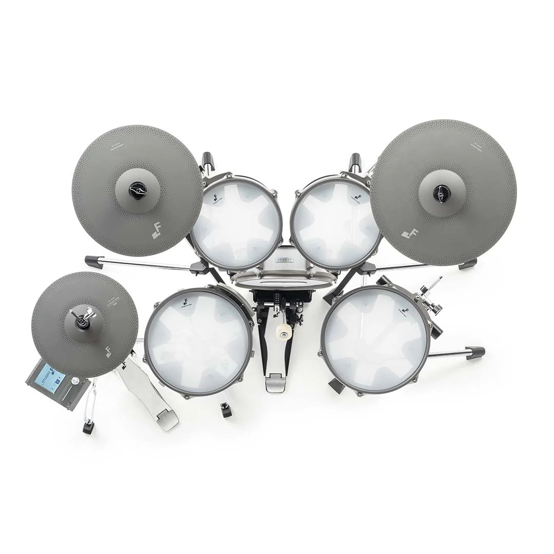 Efnote 3A electronic drum kit with multiple drum pads and cymbals, compact electronic percussion setup for music practice and performance.