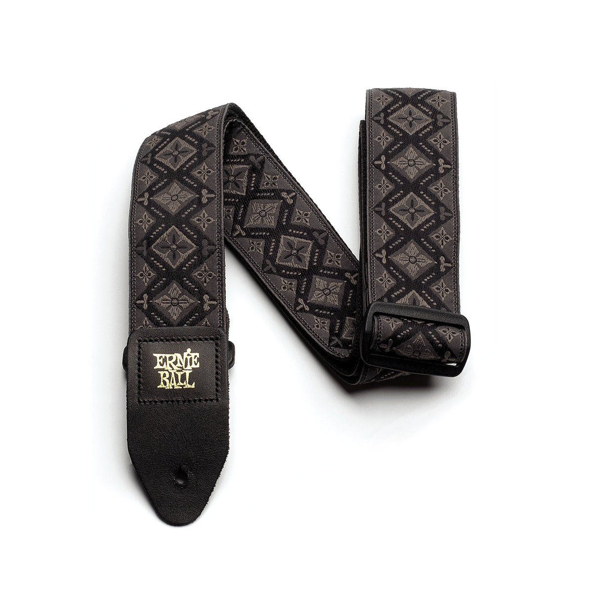 Ernie Ball Jacquard guitar strap in Regal Black on a white background