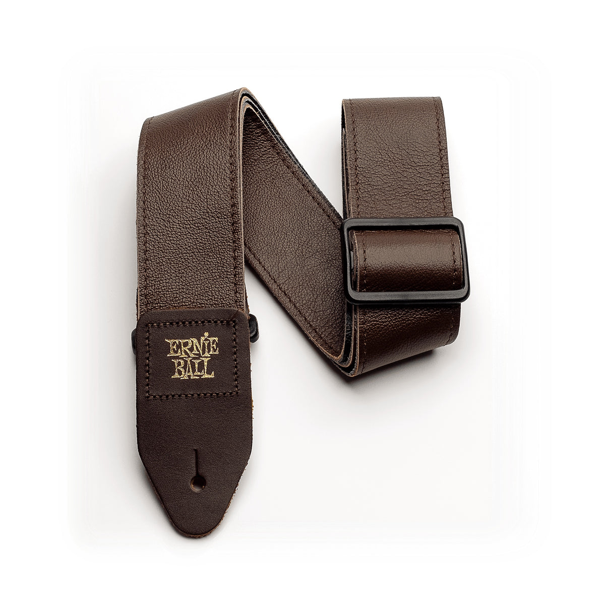Ernie Ball 2-inch Tri-Glide brown Italian leather guitar strap on white background