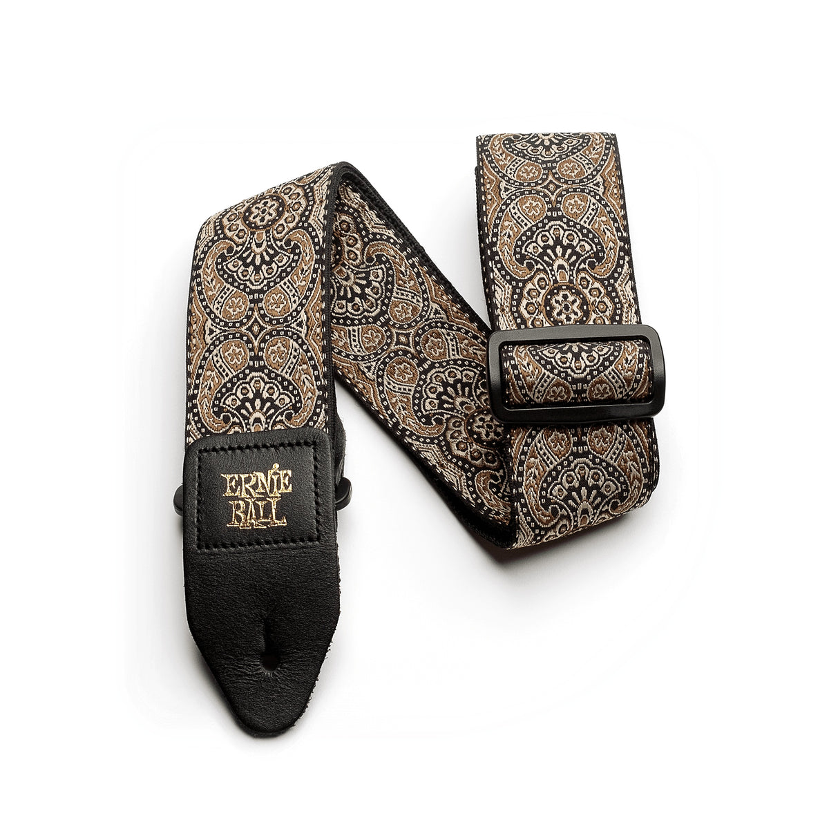 Ernie Ball Gold and Black Paisley Jacquard guitar strap on a white background