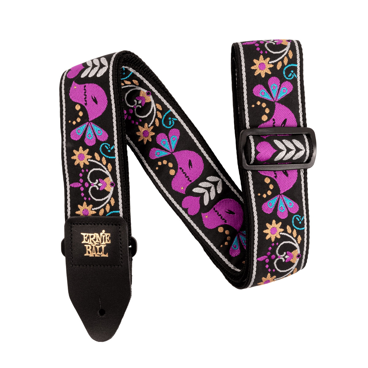 Ernie Ball Purple Bird Lupin jacquard guitar strap on a white background
