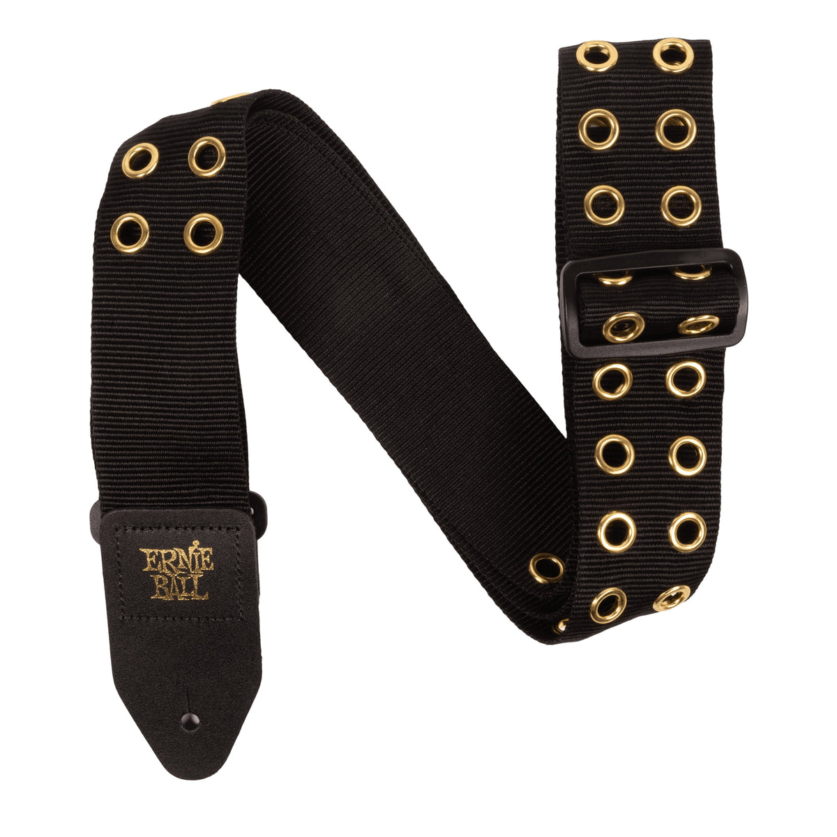 Ernie Ball Hole Lotta Metal Gold guitar and bass strap on a white background