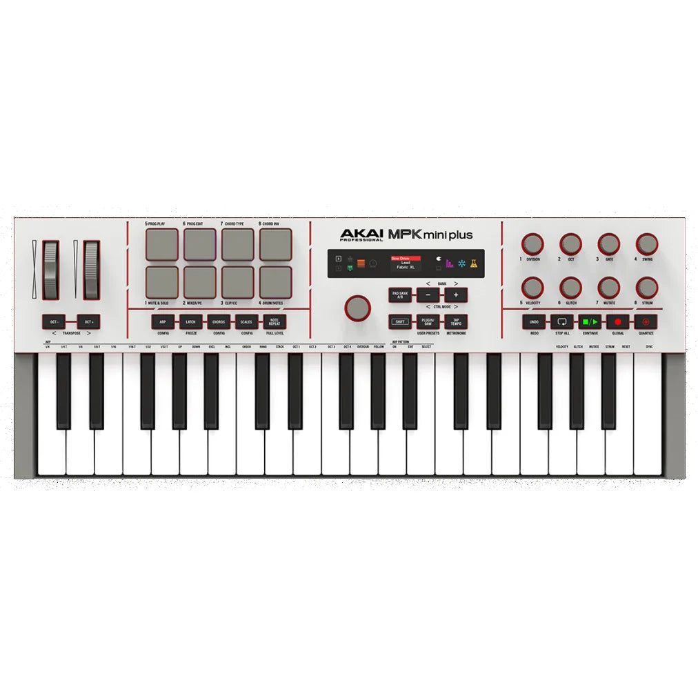 Akai MPK Mini Plus II 37-key MIDI controller with pads, knobs, and keys for music production and electronic music creation.