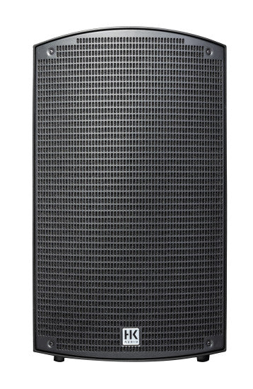 Front view of Mega Music Gold Pack package PA system featuring HK Audio Sonar 112 Xi speakers with detailed controls.