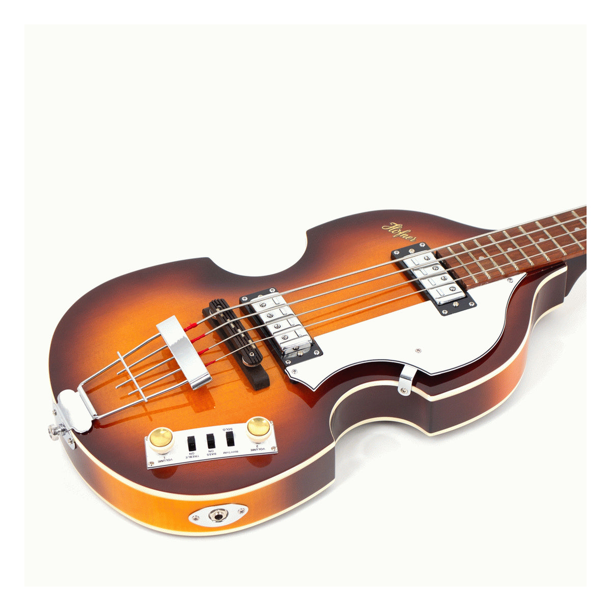 Höfner Ignition Violin Bass in Sunburst – body, pickups and controls detail