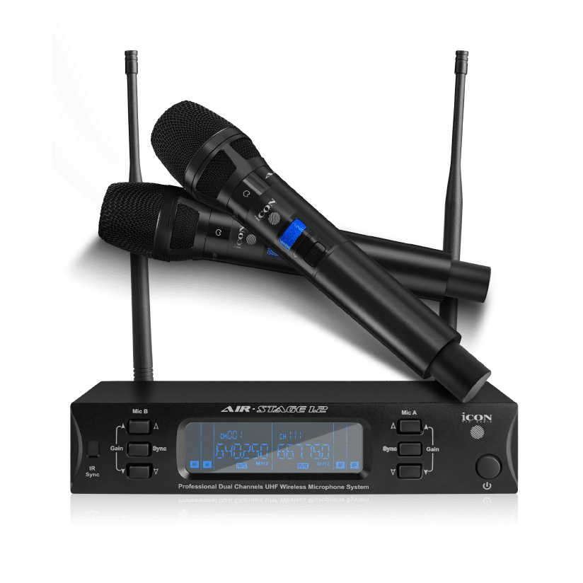 Icon Air Stage12 wireless microphone system with two handheld microphones and receiver, suitable for professional audio performances.
