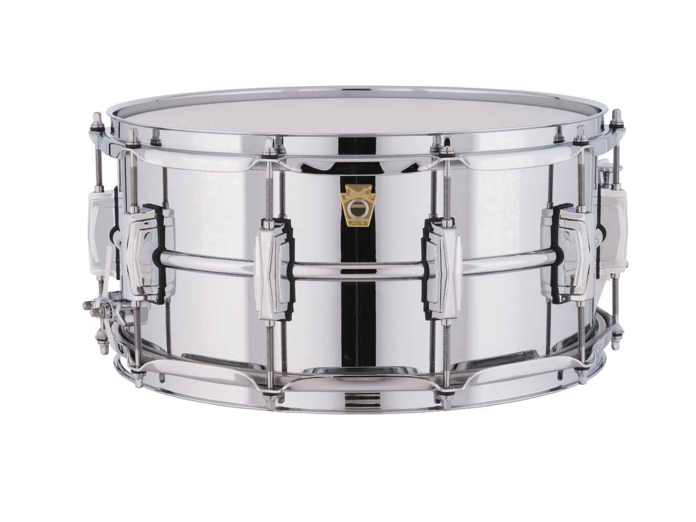 Ludwig Supraphonic 6.5x14 chrome snare drum with smooth shell and imperial lugs, shown from a front view highlighting its polished finish.