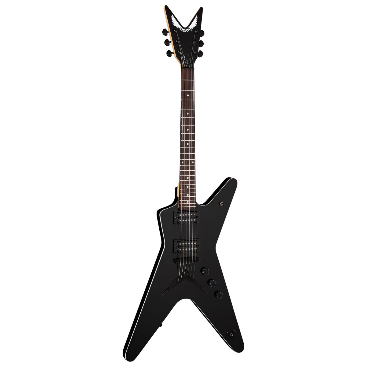 Dean MLX Classic Black electric guitar with sleek black finish and modern design, showcasing its body and six strings.