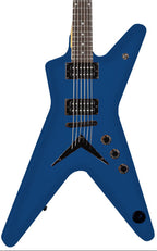 Dean MLX Classic Blue electric guitar with a solid blue finish, showcasing its sleek body and double-cutaway design.