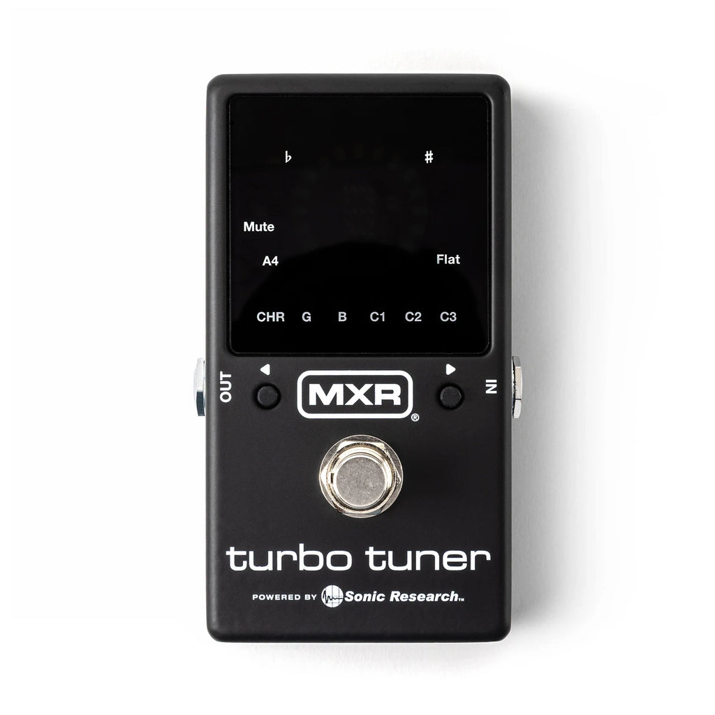 MXR Turbo Tuner guitar effects pedal with LED display and compact design, used for precise tuning on electric guitars.