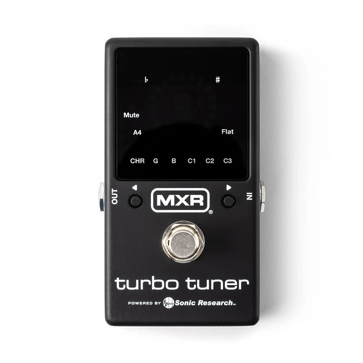 MXR Turbo Tuner guitar effects pedal with LED display and compact design, used for precise tuning on electric guitars.