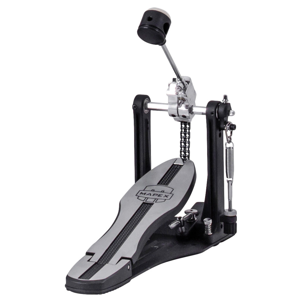 Mapex P600 Series single bass drum pedal in black, showing the pedal's footboard, beater, and drive mechanism for drumming.