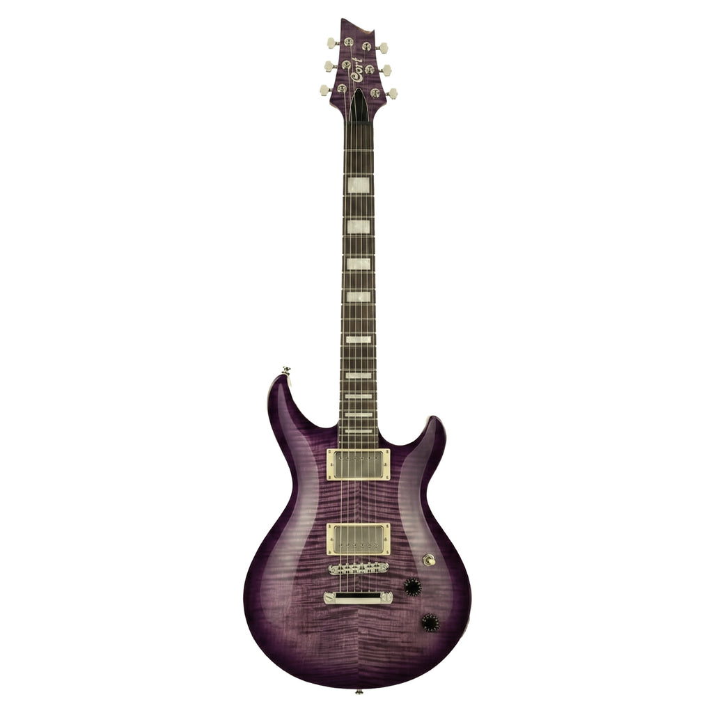 Cort Mirage M600 electric guitar in a vibrant trans purple burst finish, showcasing its sleek body and stylish design.