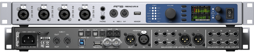 RME Fireface UFX III 188-channel USB audio interface with multiple input and output connections, professional audio equipment.