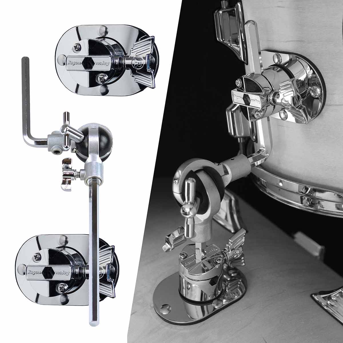 Rogers PowerTone Series 3-piece drum kit in White Marine Pearl with 22-inch bass, 16-inch floor tom, and 13-inch tom tom.