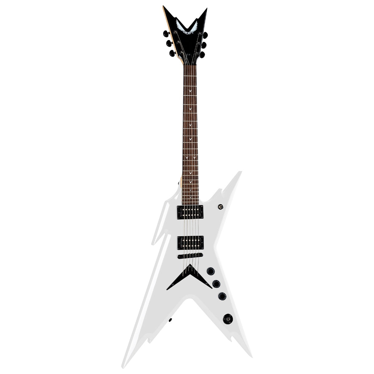 Dean Razorback X electric guitar in classic white with a sleek body and chrome hardware, showcasing its bold design.