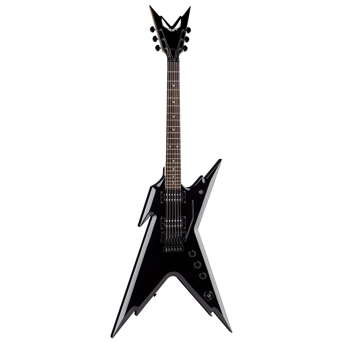 Dean Razorback X Floyd Rose electric guitar in classic black with a sleek body and Floyd Rose tremolo system, showcasing its bold design.
