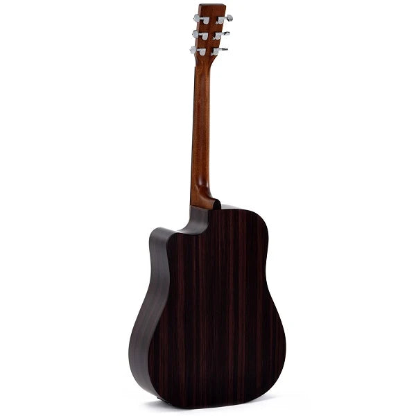 Sigma DTCE Dreadnaught Acoustic Electric Guitar showing its body and neck, with a natural wood finish and built-in electronics.