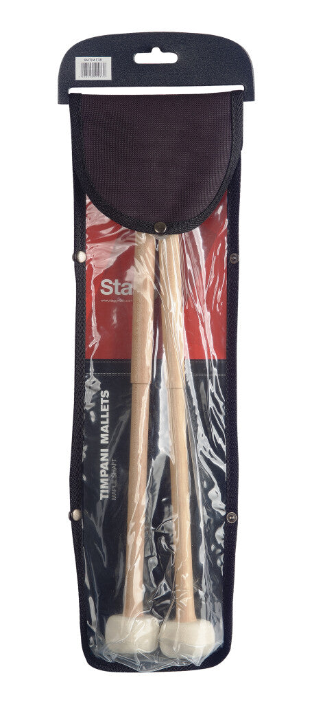 Stagg SMTIM F38 Maple Timpani Mallets with 38mm heads, featuring wooden handles and soft mallet tips for percussion playing.