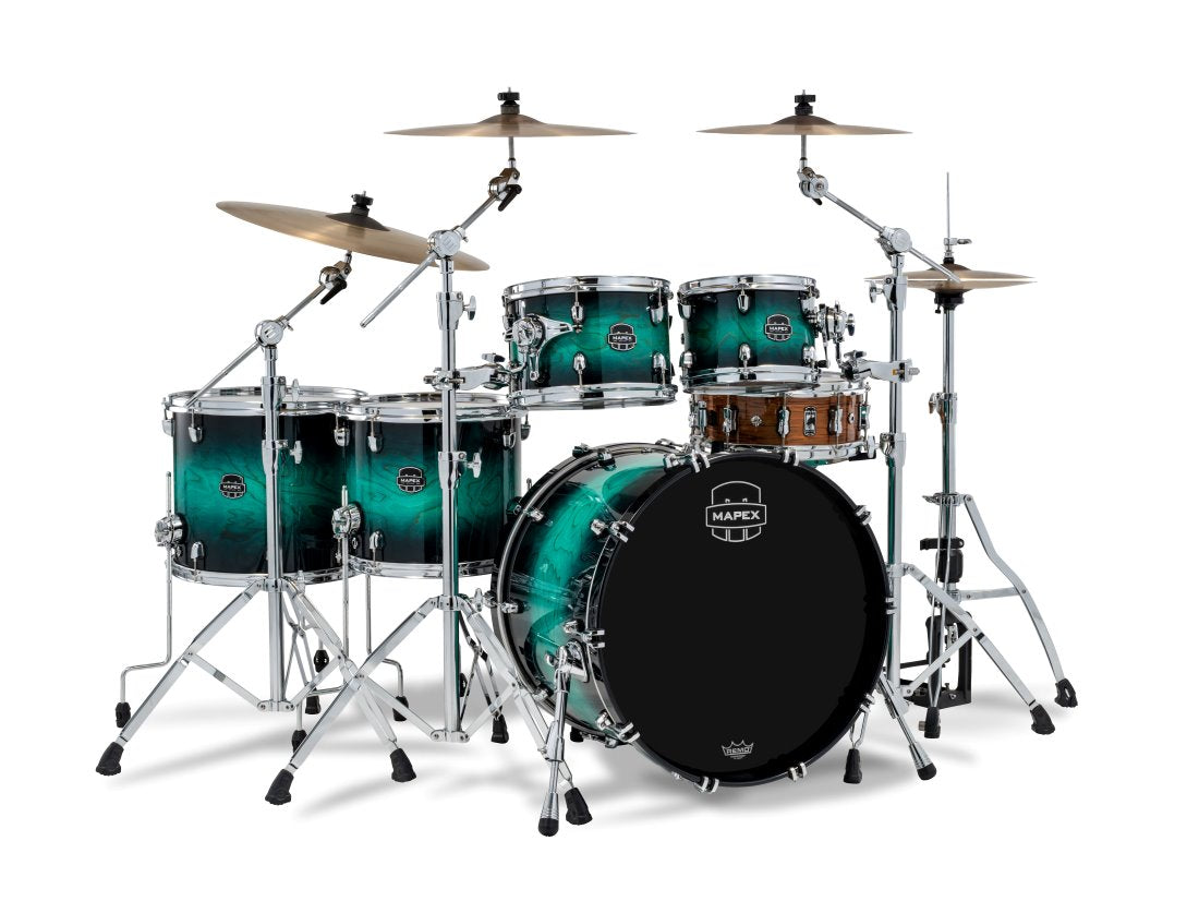 Mapex Marine Teal Burst 22-inch bass drum, 10, 12, 14, 16-inch toms drum kit with colorful shell finish and hardware.