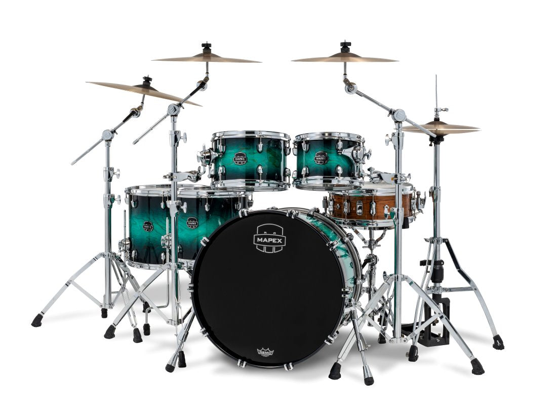 Mapex Marine Teal Burst drum kit with 22, 10, 12, 14, and 16-inch shells, featuring vibrant teal burst finish and drum hardware.